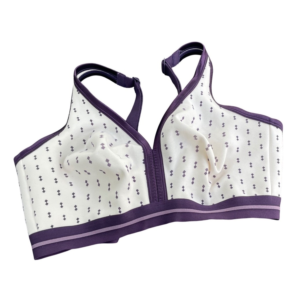 Cacique Wireless Sports Bra 40DD Purple Diamond Print Adjustable Wide Straps